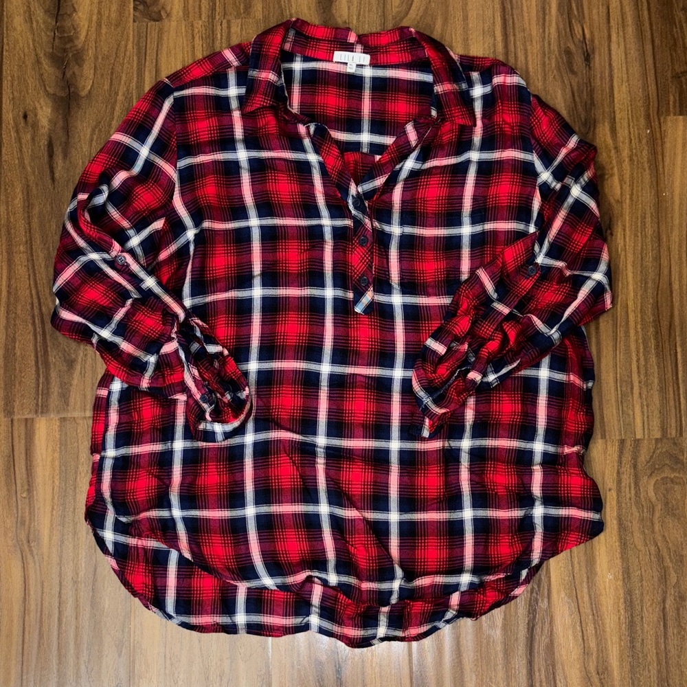 Women's Red and Navy Blue Plaid Button-Down Shirt